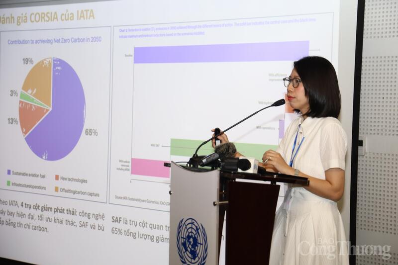 Bà Phạm Minh Huyền, Chuyên viên Chiến lược, Vietnam Airlines phát biểu tại Chương trình ''Giảm nhẹ và Bù trừ phát thải khí nhà kính đối với hàng không quốc tế (CORSIA).