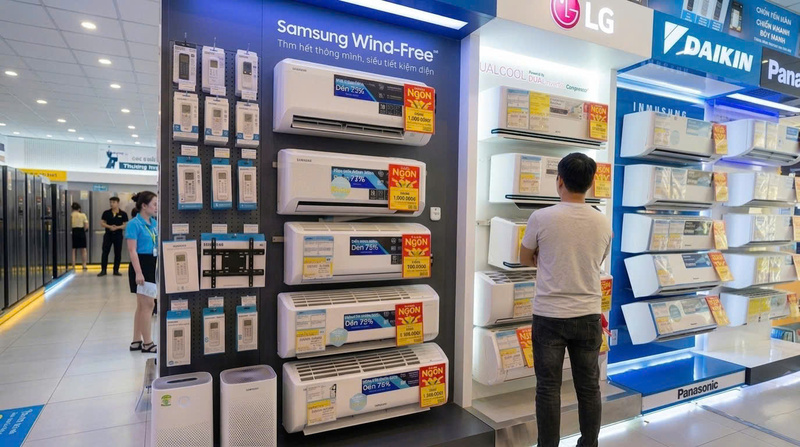 Nhiều cửa hàng điện máy tại TP. Hồ Chí Minh tung ra các chương trình kích cầu, tập trung vào nhóm sản phẩm như máy lạnh inverter, tủ lạnh hay máy giặt. Ảnh: Minh Anh