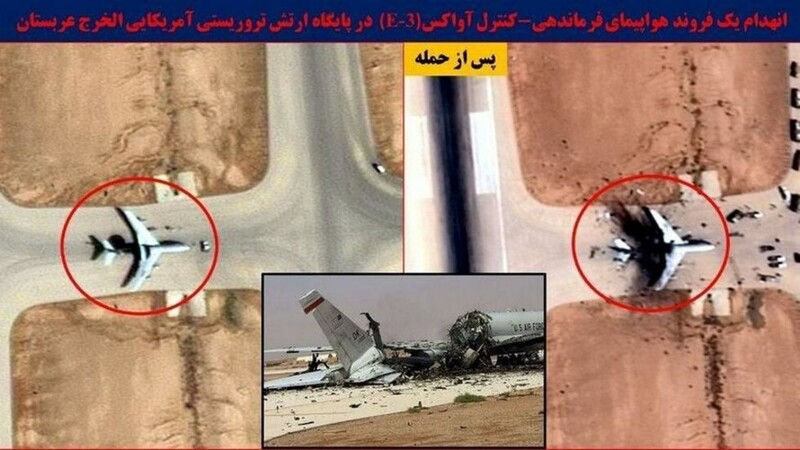 Truyền thông Iran công bố hình ảnh vệ tinh về máy bay E-3G Sentry AWACS của Không quân Mỹ bị phá hủy tại căn cứ không quân Prince Sultan.