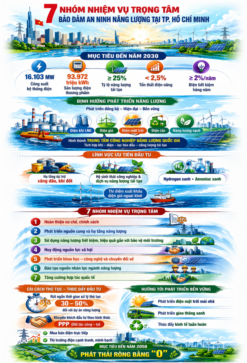 Infographic: 7 nhóm nhiệm vụ trọng tâm bảo đảm an ninh năng lượng tại TP. Hồ Chí Minh - 1