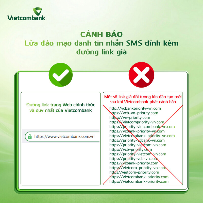 Các đường link giả mạo mới mà các đối tượng thay đổi sau khi Vietcombank có cảnh báo
