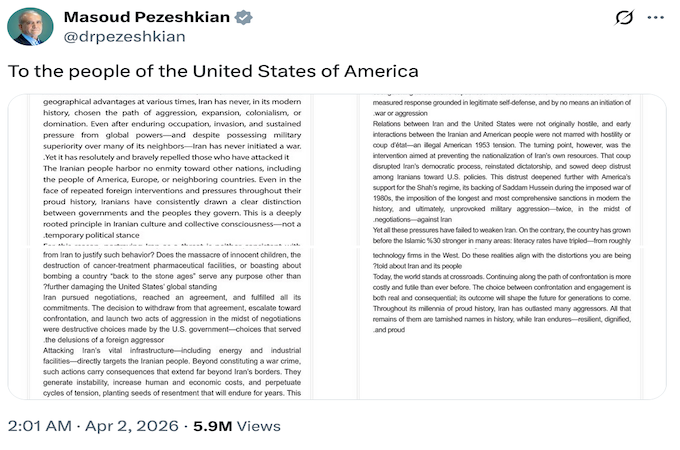 Bức thư ngỏ gửi người dân Mỹ của Tổng thống Iran Masoud Pezeshkian được công bố trên nền tảng mạng xã hội X. Ảnh chụp màn hình
