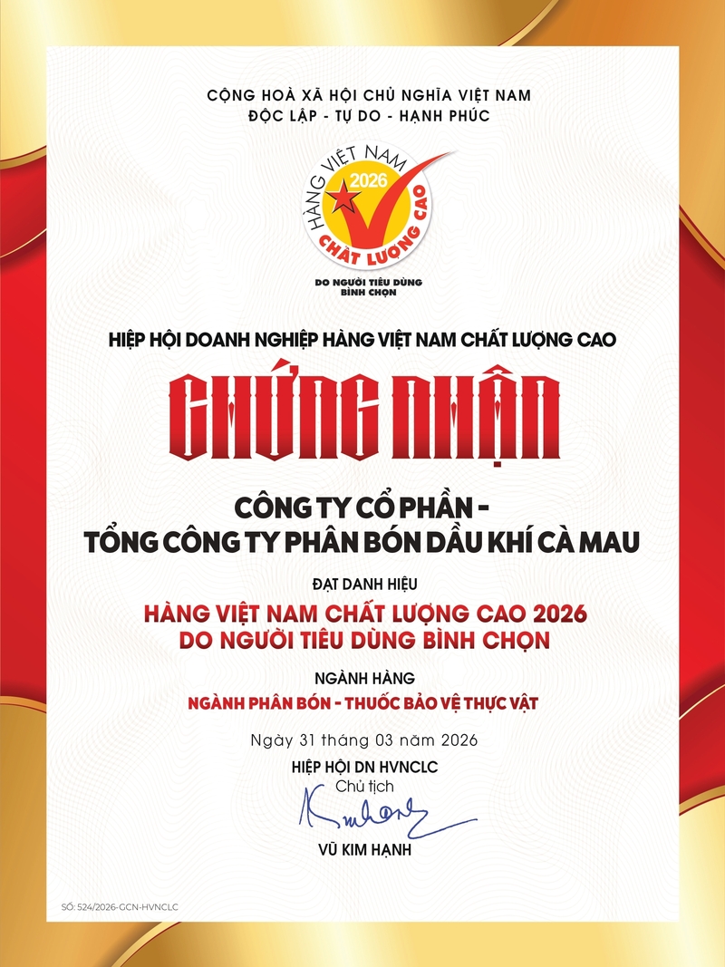 Phân bón Cà Mau giữ vững danh hiệu hàng Việt Nam chất lượng cao năm 2026. Ảnh PVCFC