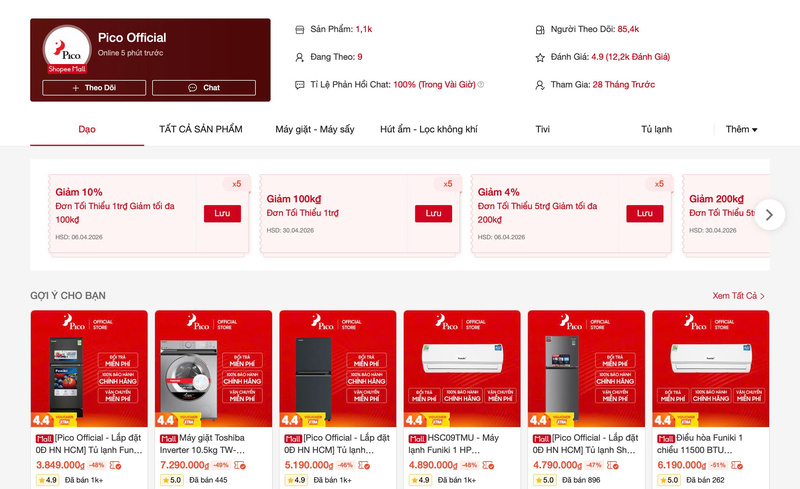 Hệ thống siêu thị điện máy Pico có lượt bán ổn định trên sàn thương mại điện tử. Ảnh chụp màn hình