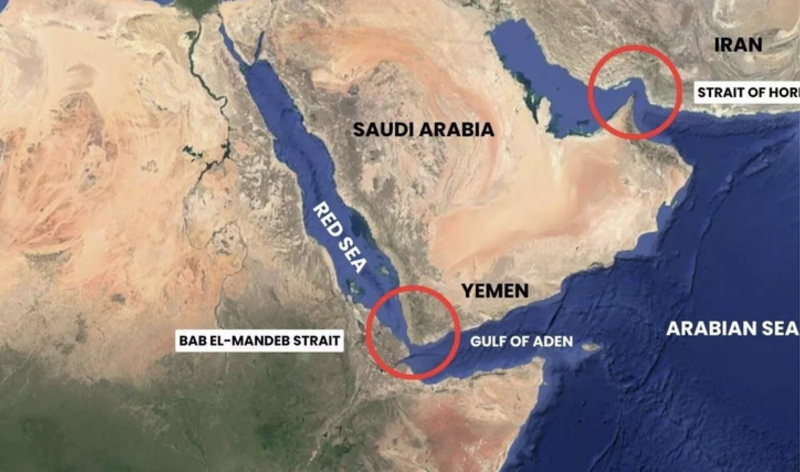 Vị trí eo biển Bab el-Mandeb (khoanh tròn), Biển Đỏ, vịnh Aden, eo biển Hormuz (khoanh tròn góc trên cùng) - Ảnh chụp màn hình The Federal