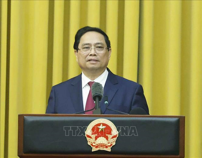 Đồng chí Phạm Minh Chính, nguyên Ủy viên Bộ Chính trị, nguyên Thủ tướng Chính phủ nhiệm kỳ 2021 - 2026 phát biểu. Ảnh: Thống Nhất/TTXVN