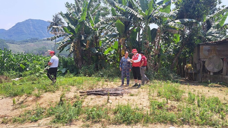 Khảo sát địa hình và lên kế hoạch hỗ trợ xây nhà ở cho bà Lê Thị Bích Ngọc (thôn Đầu Gò, xã Thượng Đức). Ảnh: Bình An