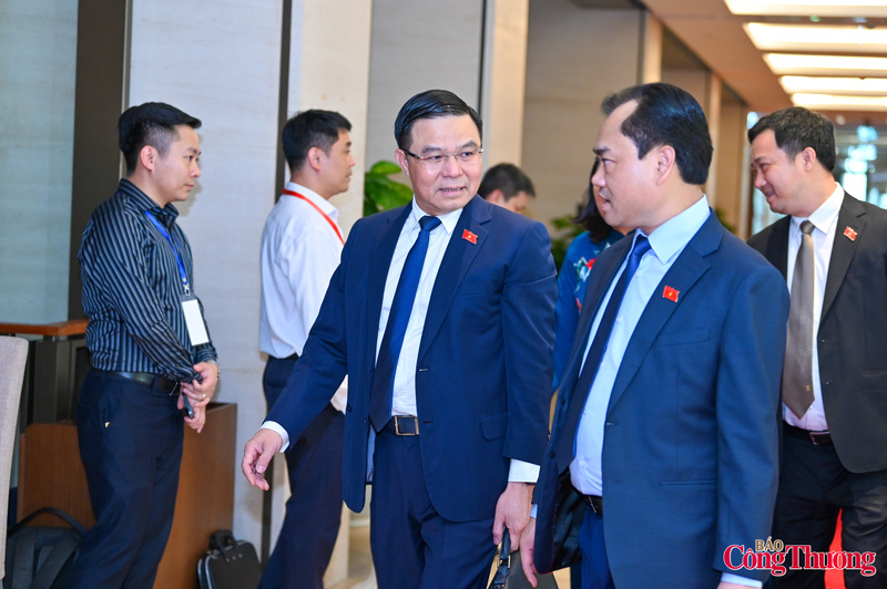 Bộ trưởng Bộ Công Thương Lê Mạnh Hùng và Bộ trưởng Bộ Nông nghiệp và Môi trường Trịnh Việt Hùng trao đổi về các vấn đề nóng bên hành lang nghị trường.