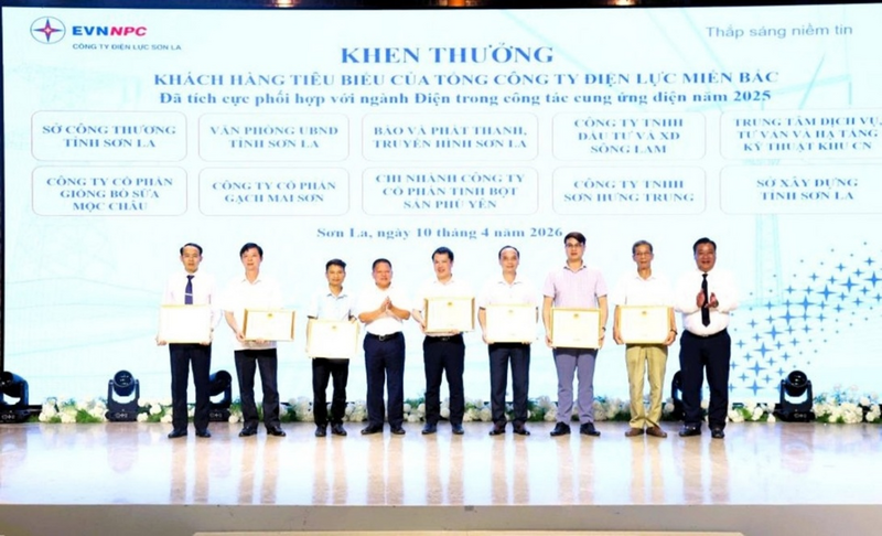 Ông Lê Đình Lượng và ông Trần Duy Trinh trao Giấy khen của EVNNPC cho khách hàng tiêu biểu