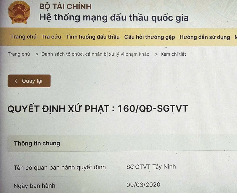 Quyết định số 160/QĐ-SGTVT của Sở Giao thông vận tải tỉnh Tây Ninh xử phạt Công ty Hồng Gia Huy vi phạm tiến độ thực hiện hợp đồng, được công khai trên Hệ thống mạng đấu thầu quốc gia.