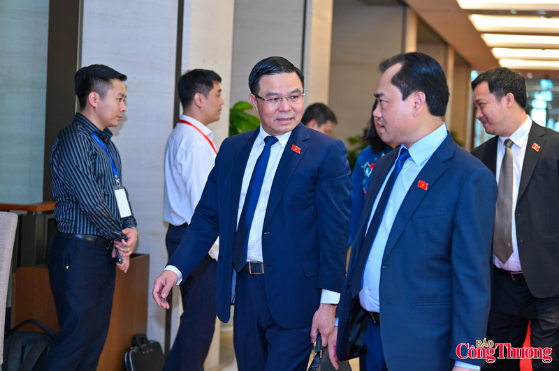 Bộ trưởng Bộ Công Thương Lê Mạnh Hùng và Bộ trưởng Bộ Nông nghiệp và Môi trường Trịnh Việt Hùng bên lề hành lang Quốc hội.