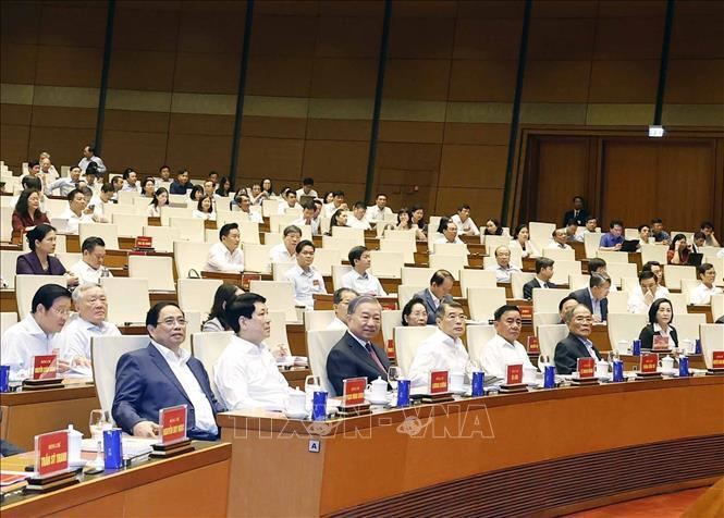 Tổng Bí thư, Chủ tịch nước Tô Lâm cùng các đồng chí lãnh đạo Đảng, Nhà nước, nguyên lãnh đạo Đảng, Nhà nước và đại biểu tham dự Hội nghị tại điểm cầu chính Hội trường Diên Hồng, Nhà Quốc hội. Ảnh: TTXVN