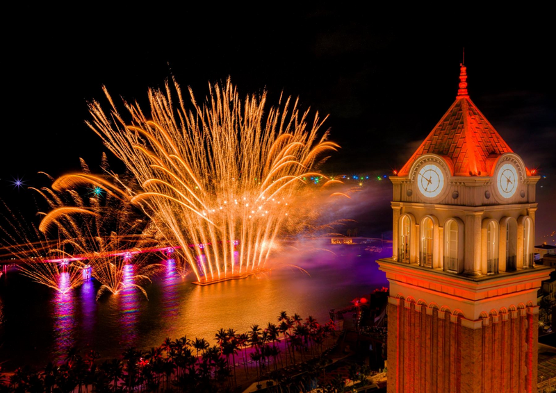 Màn trình diễn pháo hoa thắp sáng bầu trời thị trấn Hoàng Hôn của show “Symphony of the Sea”.