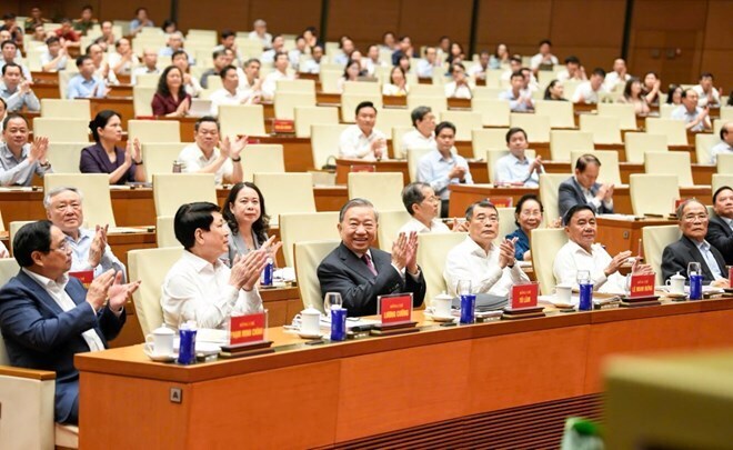Tổng Bí thư, Chủ tịch nước Tô Lâm cùng các đồng chí lãnh đạo, nguyên lãnh đạo Đảng, Nhà nước dự Hội nghị quán triệt và triển khai Nghị quyết Hội nghị Trung ương 2 khóa XIV. Ảnh: Như Ý