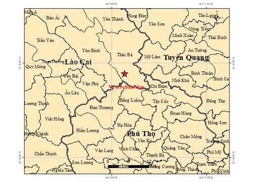 Bản đồ chấn tâm động đất tại xã Thác Bà, Lào Cai. Ảnh: Trung tâm Báo tin và Cảnh báo sóng thần