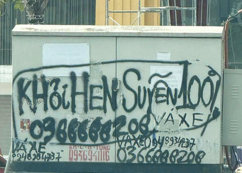 Nguyễn Duy Sơn xịt sơn quảng cáo về “thuốc hen suyễn khỏi 100%”. Ảnh: Hồ Hưng