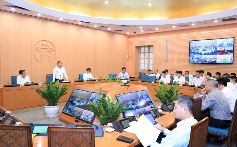 Quang cảnh hội nghị tại điểm cầu trụ sở UBND TP. Hà Nội.