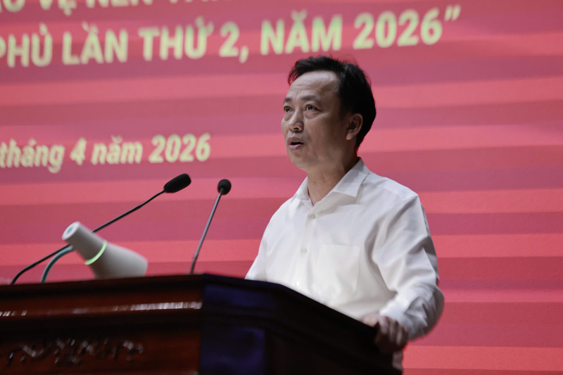 Phó Bí thư Đảng ủy Chính phủ Lại Xuân Lâm phát biểu tại Hội nghị Tập huấn chuyên đề "Kỹ năng và định hướng sáng tác tác phẩm dự thi Cuộc thi chính luận về bảo vệ nền tảng tư tưởng của Đảng trong Đảng bộ Chính phủ lần thứ 2, năm 2026".