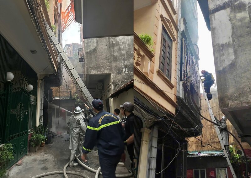 Lực lượng Cảnh sát phòng cháy chữa cháy và cứu nạn cứu hộ triển khai phương án chữa cháy và cứu nạn, cứu hộ tại ngôi nhà xảy ra hỏa hoạn. Ảnh: Công an Hà Nội