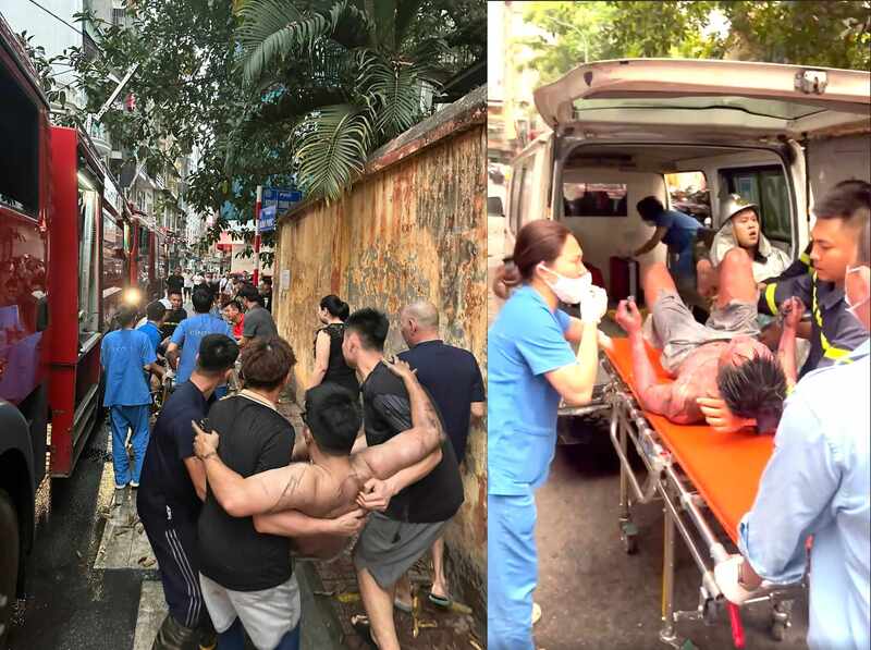 Nhanh chóng đưa người bị nạn trong đám cháy và bàn giao cho lực lượng y tế. Ảnh: Công an Hà Nội