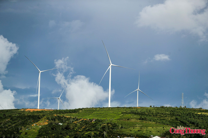 Trên nền đồi cao lộng gió, những cột tua-bin trắng nổi bật giữa không gian bao la của núi đồi và mây trời.