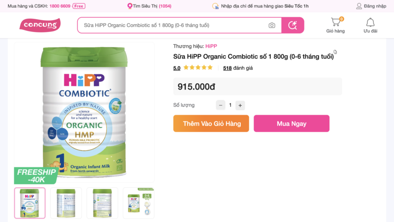 HiPP 1 Organic Combiotic được bán trên Concung.vn với giá 915.000 đồng/hộp.