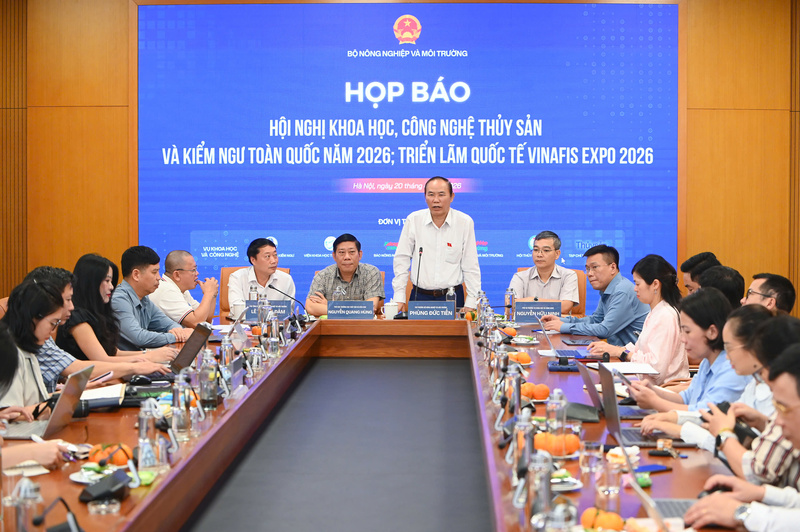Họp báo thông tin về Hội nghị khoa học, công nghệ thủy sản và kiểm ngư toàn quốc năm 2026; Triển lãm Quốc tế VINAFIS EXPO 2026. Ảnh: NNVN