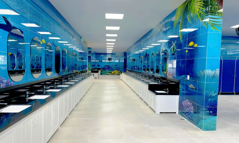 Nhà vệ sinh tại khu dịch vụ trung tâm được ốp lát và trang trí bằng gạch tranh 3D, tạo hiệu ứng thị giác 3 chiều sống động, chân thực.