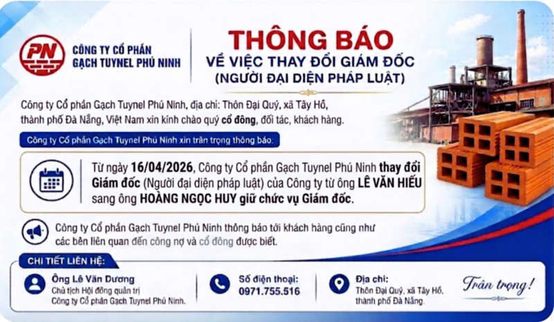 Công ty Cổ phẩn Gạch tuynel Phú Ninh thông báo thay đổi Giám đốc