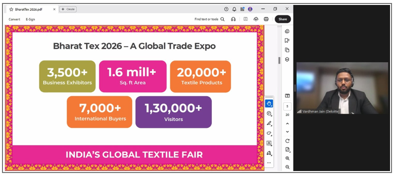 Ông Vardhman Jain - đại diện Ban tổ chức Bharat Tex 2026 trình bày tại hội thảo.