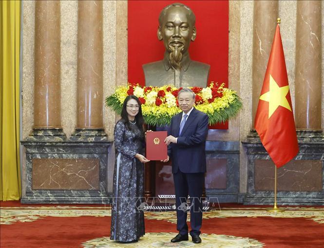 Tổng Bí thư, Chủ tịch nước Tô Lâm trao Quyết định bổ nhiệm bà Châu Mai Anh làm Đại sứ đặc mệnh toàn quyền nước Cộng hoà xã hội chủ nghĩa Việt Nam tại Liên bang Thuỵ Sĩ, kiêm nhiệm Công quốc Liechtenstein. Ảnh: Thống Nhất/TTXVN