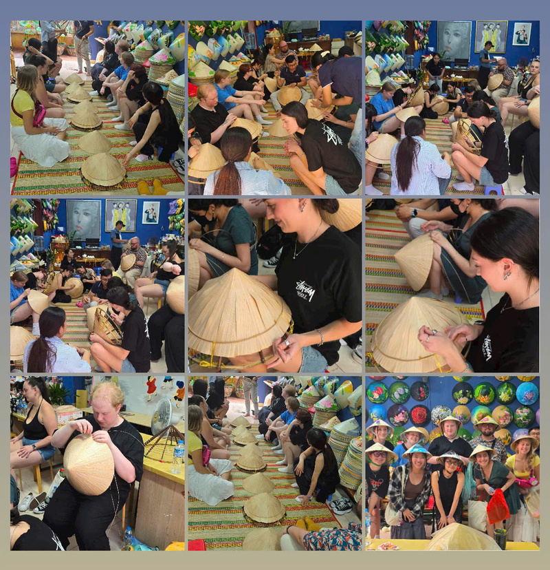 Khách nước ngoài thích thú với trải nghiệm làm nón lá Việt Nam. Ảnh: Nguyễn Trinh