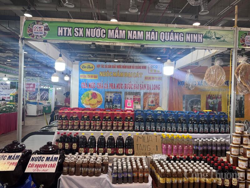 Gian hàng trưng bày sản phẩm nước mắm và đặc sản hải sản của HTX sản xuất nước mắm Nam Hải (Quảng Ninh) tại Hội chợ OCOP Quảng Ninh - Hè 2026.