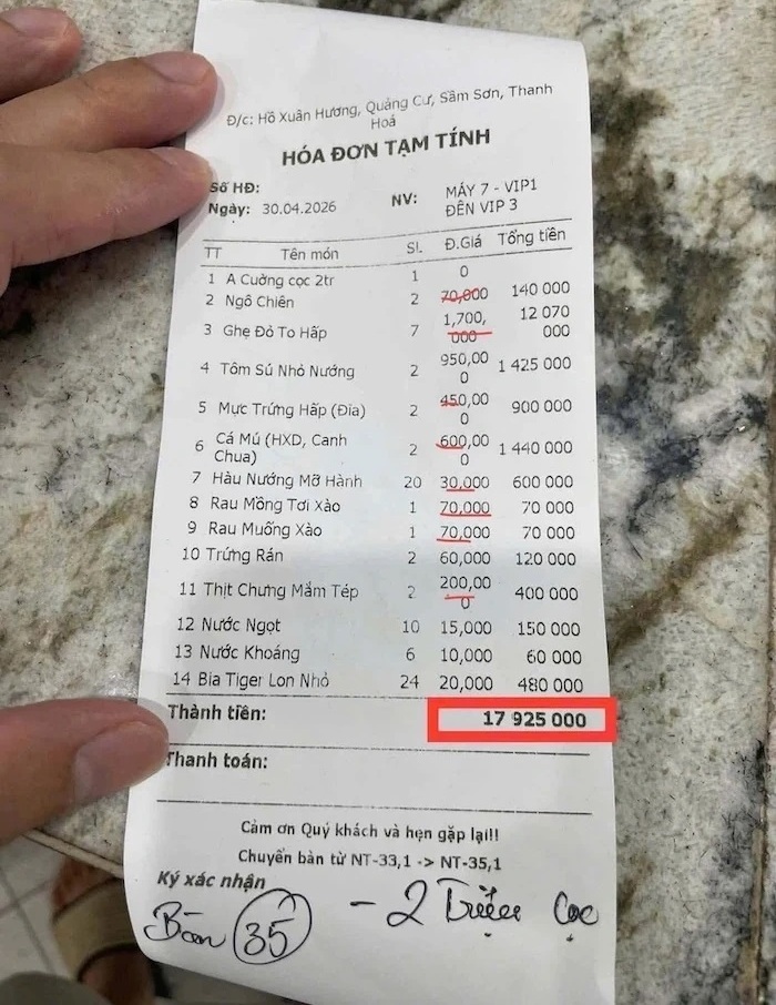 Tờ hoá đơn được lan truyền trên mạng xã hội. Ảnh: Công an Thanh Hóa