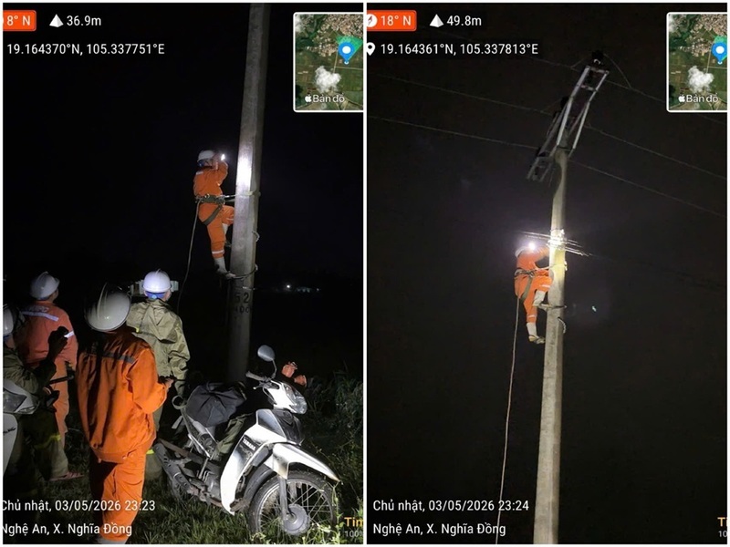 Cán bộ, nhân viên Công ty Điện lực Nghệ An xuyên đêm khắc phục sự cố, nối lại dòng điện phục vụ người dân trên địa bàn xã Nghĩa Đồng, tỉnh Nghệ An. Ảnh: Phan Thủy