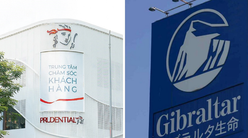 Logo Prudential Việt Nam (bên trái – có hình mặt nữ thần) phổ biến tại Việt Nam, khác biệt hoàn toàn với logo Prudential Life Insurance tại Nhật Bản (hình ngọn núi)