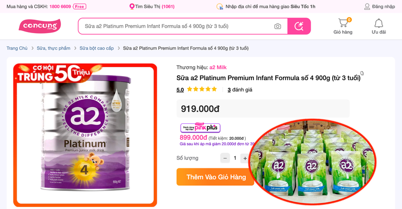 Sữa a2 Platinum Premium Infant Formula số 1 loại 900g, dành cho trẻ từ 0 - 6 tháng tuổi, đang được Concung.com niêm yết ở mức 919.000 đồng/hộp. Ảnh chụp màn hình.