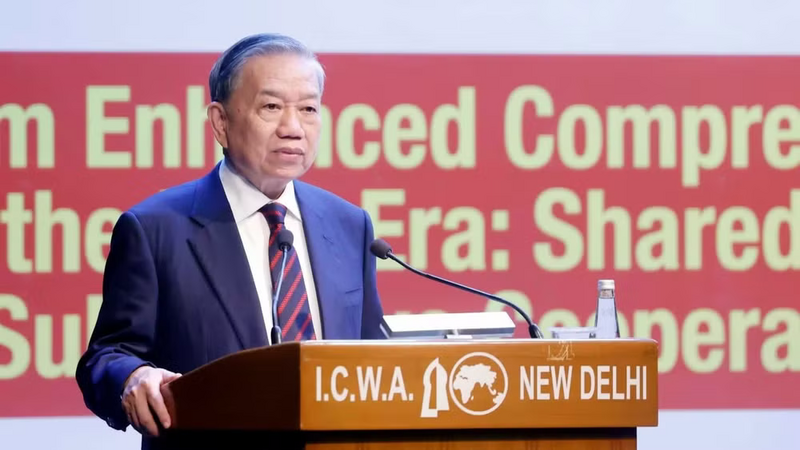 Tổng Bí thư, Chủ tịch nước Tô Lâm phát biểu chính sách tại Hội đồng các vấn đề thế giới của Ấn Độ. Ảnh: TTXVN