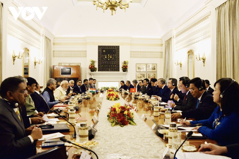 Tổng Bí thư, Chủ tịch nước Tô Lâm hội đàm với Thủ tướng Ấn Độ Narendra Modi, Bộ trưởng Bộ Công Thương Lê Mạnh Hùng tham dự hội đàm. Ảnh: VOV