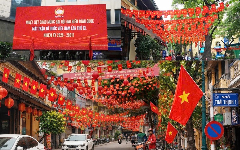 Cờ hoa, pano phủ kín nhiều tuyến phố của Thủ đô Hà Nội trước thềm Đại hội Mặt trận Tổ quốc Việt Nam. Ảnh: Tiền Phong