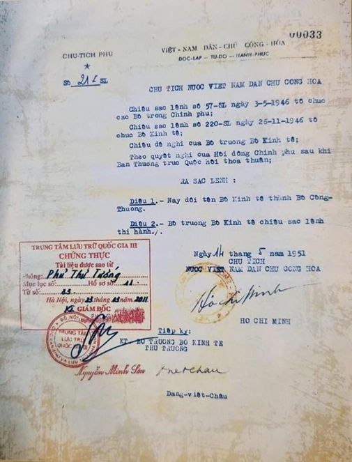 Sắc lệnh số 21/SL ngày 14/5/1951 đổi tên Bộ Kinh tế thành Bộ Công Thương. Ảnh tư liệu