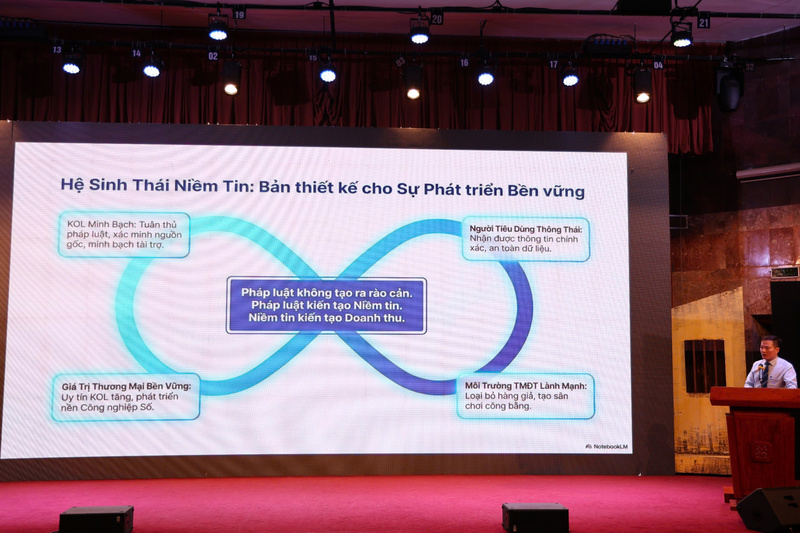 Đồng chí Phan Thế Thắng - Phó Trưởng ban Bảo vệ người tiêu dùng, Uỷ ban Cạnh tranh Quốc gia, Bộ Công Thương trình bày tham luận với chủ đề “Minh bạch thông tin - Trách nhiệm của KOL, KOC, thanh niên Việt Nam trong nền Công nghiệp văn hóa số” tại Diễn đàn “Tương lai sáng tạo Việt Nam – Thanh niên góp phần kiến tạo phát triển Công nghiệp Văn hóa”. Ảnh: HP
