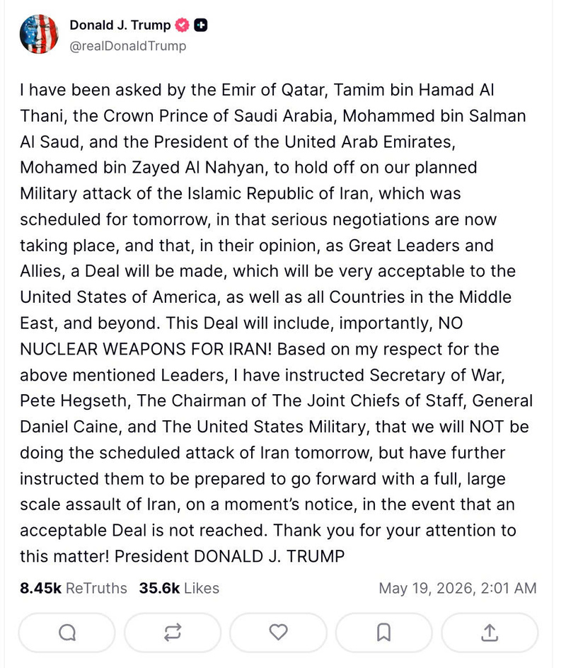 Tổng thống Mỹ Donald Trump chia sẻ trên Truth Social.