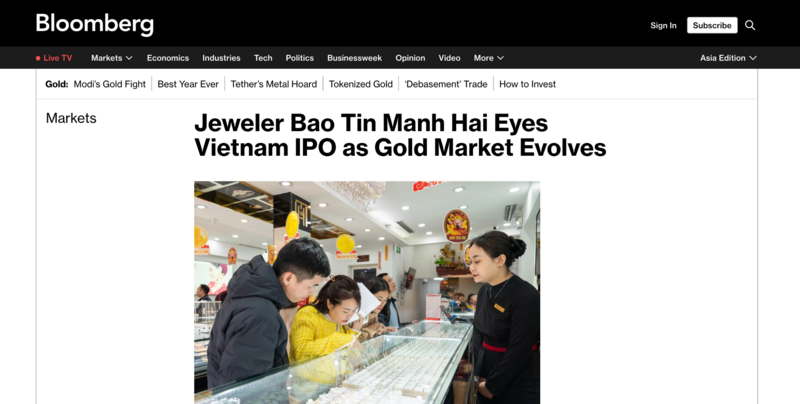 Thông tin Bảo Tín Mạnh Hải lên kế hoạch IPO trong trong bối cảnh thị trường vàng chuyển mình trên Bloomberg
