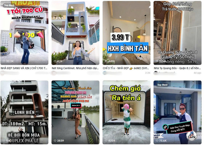 Nhiều môi giới bất động sản đầu tư mạnh cho video ngắn và livestream để hút khách trên TikTok. Ảnh chụp màn hình
