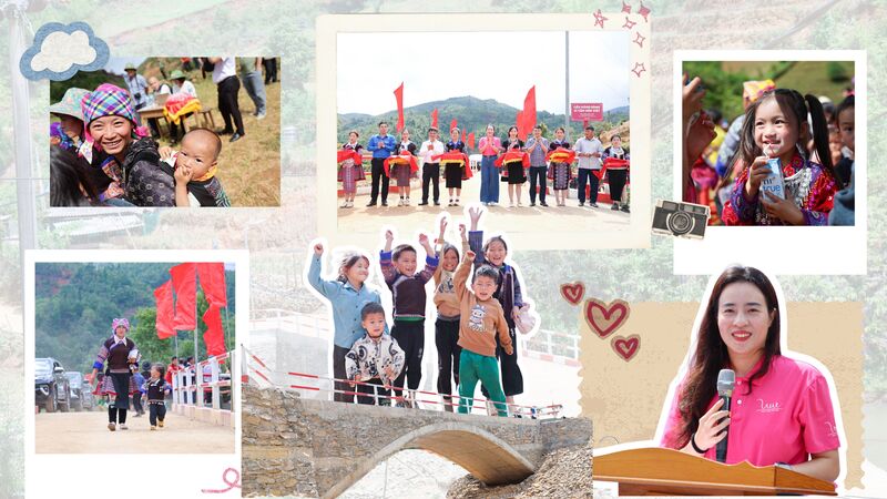 Bà Trần Thị Như Trang (áo hồng) hòa với niềm vui của người dân trong lễ khánh thành.