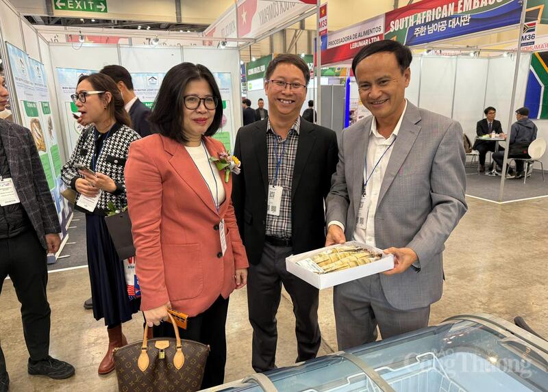 Ông Nguyễn Văn Nghi, Phó Giám đốc Trung tâm Khuyến công và Xúc tiến thương mại (ngoài cùng bên phải) giới thiệu sản phẩm tôm đặc trưng của Cà Mau tại Hội chợ Thuỷ sản và Nghề cá quốc tế Busan 2025. Ảnh: PV