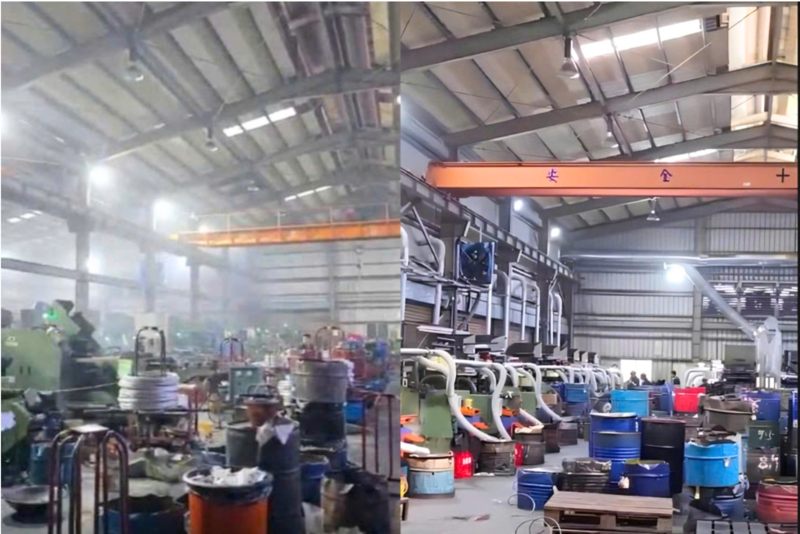 So sánh không gian nhà xưởng trước và sau khi vận hành hệ thống xử lý khí thải tại doanh nghiệp sản xuất ốc vít. Ảnh: Ha Lô
