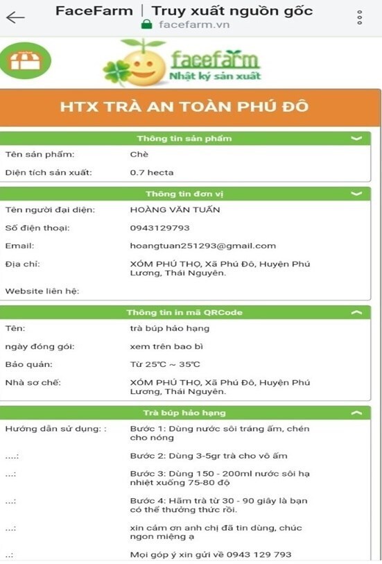 Phần mềm Facefarm (nhật ký sản xuất) được Hợp tác xã Trà an toàn Phú Đô sử dụng cung cấp thông tin chi tiết về quy trình sản xuất.