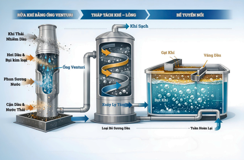 Quy trình xử lý khí thải ba cấp của Công ty Cổ phần Công nghệ Ha Lô, kết hợp Venturi – tháp xoáy – bể tuyển nổi nhằm loại bỏ đồng thời sương dầu và bụi kim loại trong khí thải cơ khí. Thiết kế: Hoàng Lân